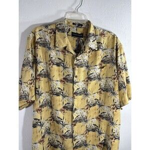 OCEAN PACIFIC Men's 100% Silk Yellow Large Tropical Print Short Sleeve, Pocket